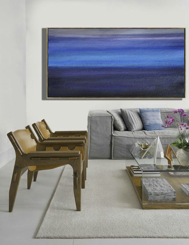 Extra Large Acrylic Painting On Canvas,Hand Painted Panoramic Abstract Painting,Acrylic Painting On Canvas,Grey,Blue,Black.etc